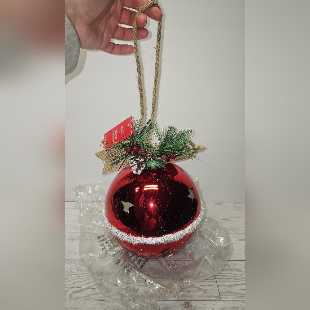 Festive Red Hanging Holiday Ornament with Pine Sprig